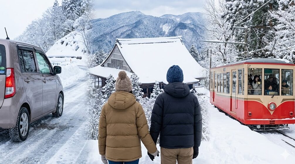 冬の比叡山観光ガイドのアイキャッチ画像。左側は雪の比叡山ドライブウェイを走るスタッドレスタイヤ装着の車、中央は雪化粧した根本中堂（大改修中）を眺める万全の防寒対策をしたカップル、右側は雪景色の中を運行する坂本ケーブルを組み合わせた写真。