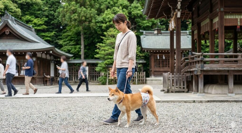 滋賀県の多賀大社境内で、マナーパンツを着用した柴犬と飼い主がルールを守って参拝している様子。