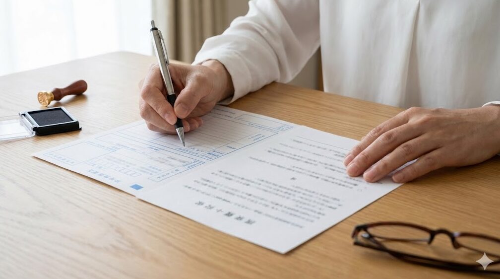 自宅のデスクで、郵送祈祷のための振替用紙と申込書にペンで丁寧に記入している手元。