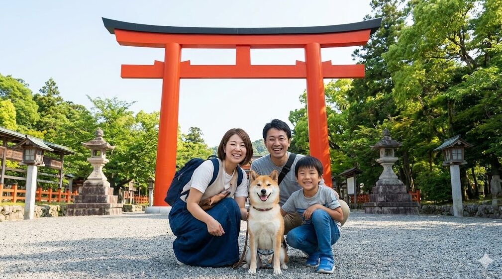 多賀大社の朱色の大鳥居前で、マナーパンツを着用した柴犬と一緒に笑顔で記念撮影をする家族連れの様子。多賀大社の朱色の大鳥居前で、マナーパンツを着用した柴犬と一緒に笑顔で記念撮影をする家族連れの様子。