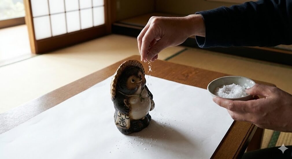 白い紙の上に置かれた信楽焼たぬきに、感謝を込めて日本人の手が塩を振って清めている処分の儀式の様子。