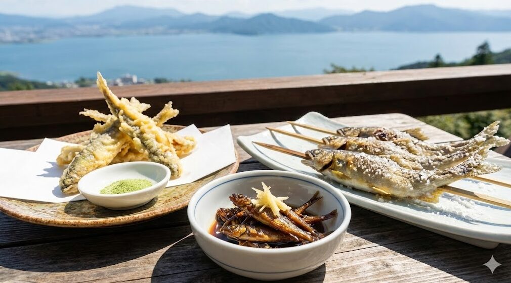 琵琶湖を一望する見晴らしの良いテラス席の木製テーブルに並べられた、3種類のアユ料理。左の皿には揚げたてのアユの天ぷらと抹茶塩、中央の小鉢には艶やかなアユの佃煮と生姜、右の皿には串に刺して焼かれた香ばしいアユの塩焼きが盛られている。絶品アユ料理のイメージカット。