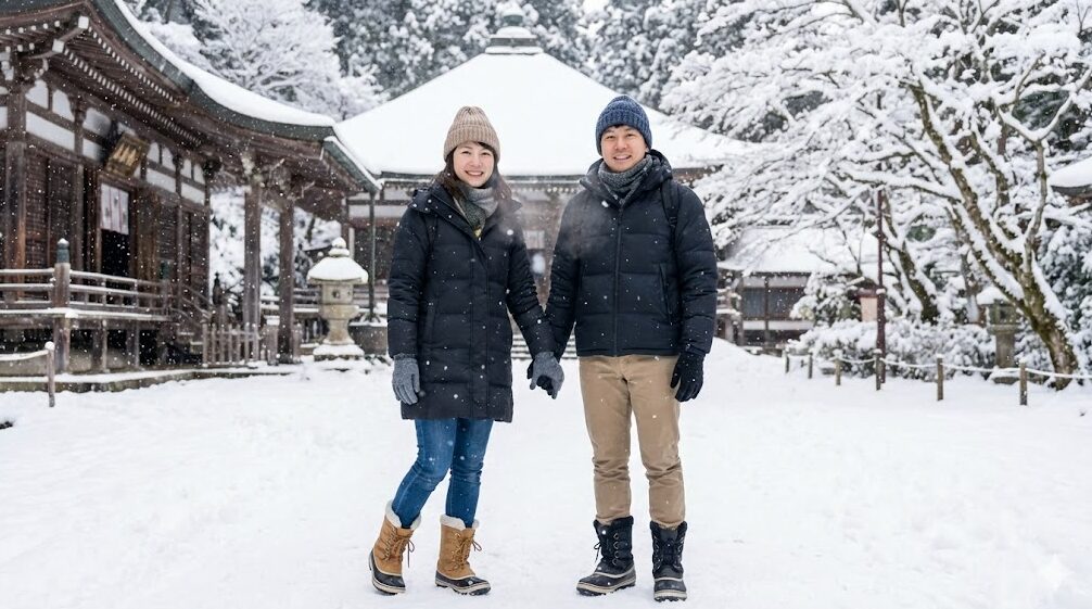 真冬の比叡山延暦寺境内で、ダウンジャケット、ニット帽、スノーブーツなど、万全の防寒装備を着用した日本人カップル。