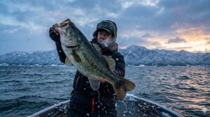 雪が舞う厳寒の冬の琵琶湖で、ボートに乗った釣り人が釣り上げたばかりの巨大なブラックバスを誇らしげに掲げている写真。背景には雪化粧した比良山系と荒れた湖面、夕暮れの空が広がっている。