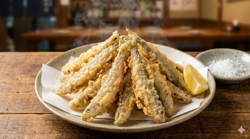 揚げたてのワカサギの天ぷらが山盛りになった皿。湯気が立ち、サクサクとした食感が伝わる美味しそうな様子。