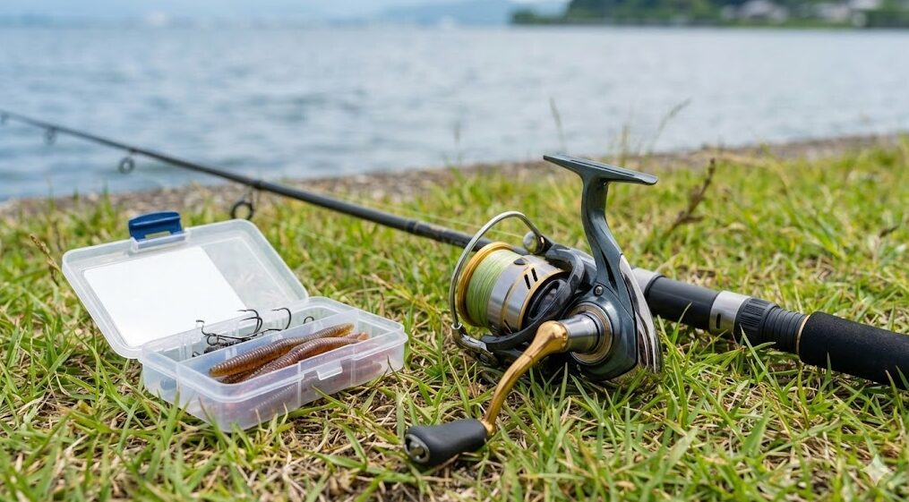 琵琶湖の湖岸に置かれた、初心者向けのスピニングリール、ロッド、ワームのセット