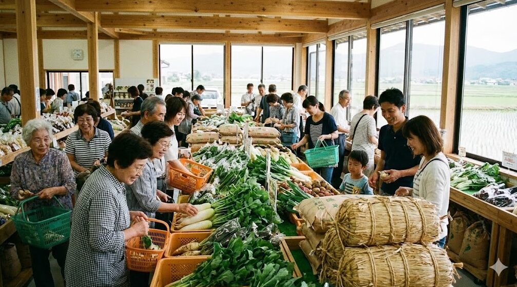 滋賀県内のJA直売所で地元産のお米やお野菜を買い求める人々の様子。活気ある店内の写真。