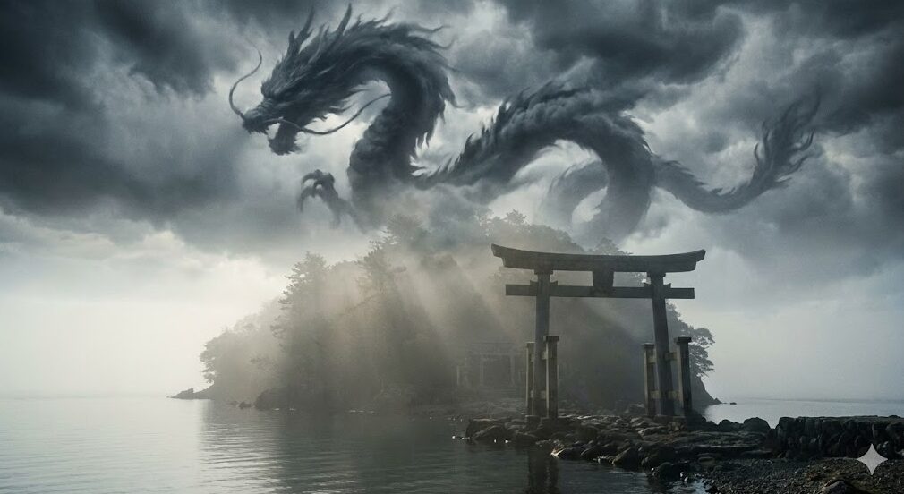 朝霧に包まれた琵琶湖の竹生島。湖畔の鳥居と、その上空に現れた龍のような形の黒雲が、古来からの龍神伝説の神秘性を物語る。