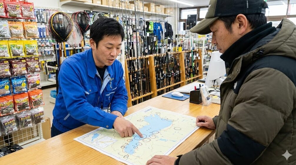 釣具店のカウンターで、店員が客に琵琶湖の地図を指差しながらワカサギの釣果情報を説明している様子。