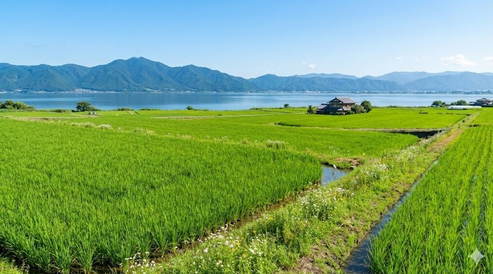琵琶湖を背景に広がる滋賀県の美しい田園風景。環境に配慮した「環境こだわり農業」を象徴する写真。