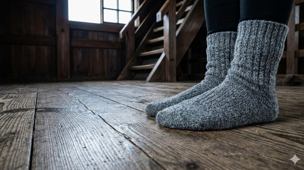 彦根城天守内の冷たい板張りの床と、防寒対策のために厚手のウールソックスを履いた観光客の足元。