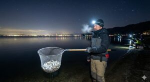 夜の琵琶湖岸で、ヘッドライトの光の中、タモ網いっぱいに獲れた大量のワカサギを見せる釣り人。吐く息が白く、冬の寒さと爆釣の熱気が伝わる。背景には対岸の夜景と星空が広がる、琵琶湖のワカサギすくいシーズンの象徴的なシーン。