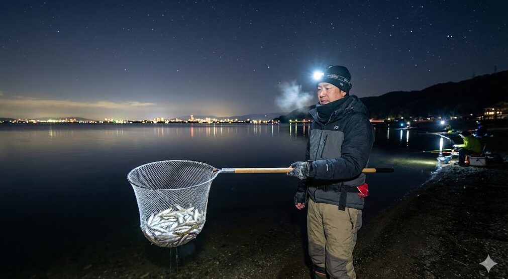夜の琵琶湖岸で、ヘッドライトの光の中、タモ網いっぱいに獲れた大量のワカサギを見せる釣り人。吐く息が白く、冬の寒さと爆釣の熱気が伝わる。背景には対岸の夜景と星空が広がる、琵琶湖のワカサギすくいシーズンの象徴的なシーン。