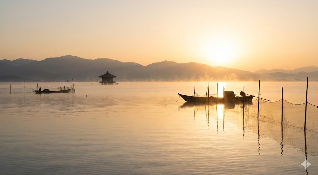 鮒寿司の故郷であり、豊かな食文化を育む滋賀県・琵琶湖の美しく穏やかな夜明けの風景。