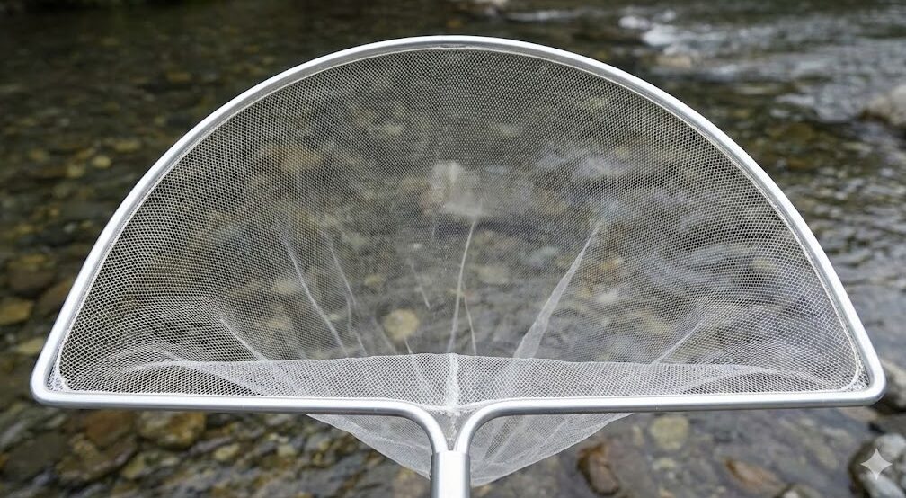 琵琶湖の小鮎すくいに適した、網目が細かく底が平らな扇形のタモ網のアップ。