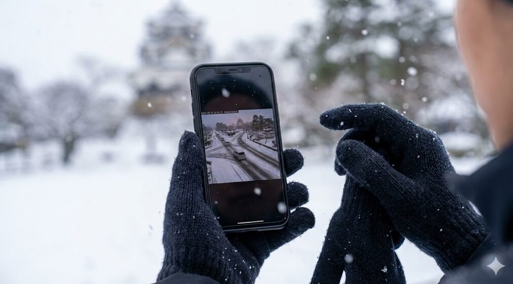現地の雪の状況を確認するために、スマートフォンで道路のライブカメラ映像を見ている旅行者の手元。