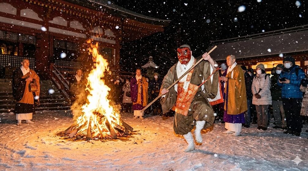 大晦日の夜、比叡山延暦寺で行われる鬼追い式。雪が舞う中、篝火に照らされた鬼の面をつけた僧侶が迫力ある儀式を行っている様子。