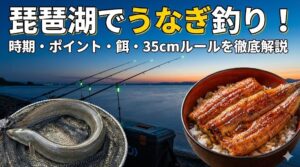 琵琶湖でのうなぎ釣りに関する解説記事のアイキャッチ画像。「琵琶湖でうなぎ釣り！時期・ポイント・餌・35cmルールを徹底解説」というタイトル文字と共に、夕暮れの湖畔で釣れた生のうなぎと、美味しそうなうな重の画像が配置されている。