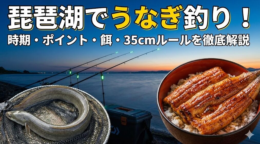 琵琶湖でのうなぎ釣りに関する解説記事のアイキャッチ画像。「琵琶湖でうなぎ釣り！時期・ポイント・餌・35cmルールを徹底解説」というタイトル文字と共に、夕暮れの湖畔で釣れた生のうなぎと、美味しそうなうな重の画像が配置されている。