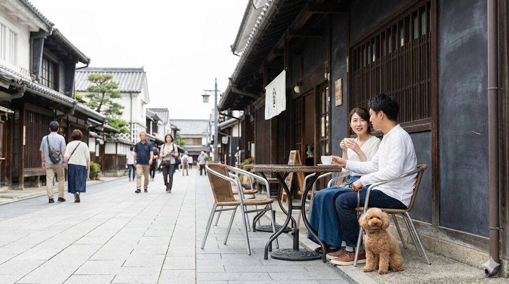 長浜市の黒壁スクエアにあるレトロな街並みのカフェテラスで、愛犬と一緒に休憩しているカップルの様子。