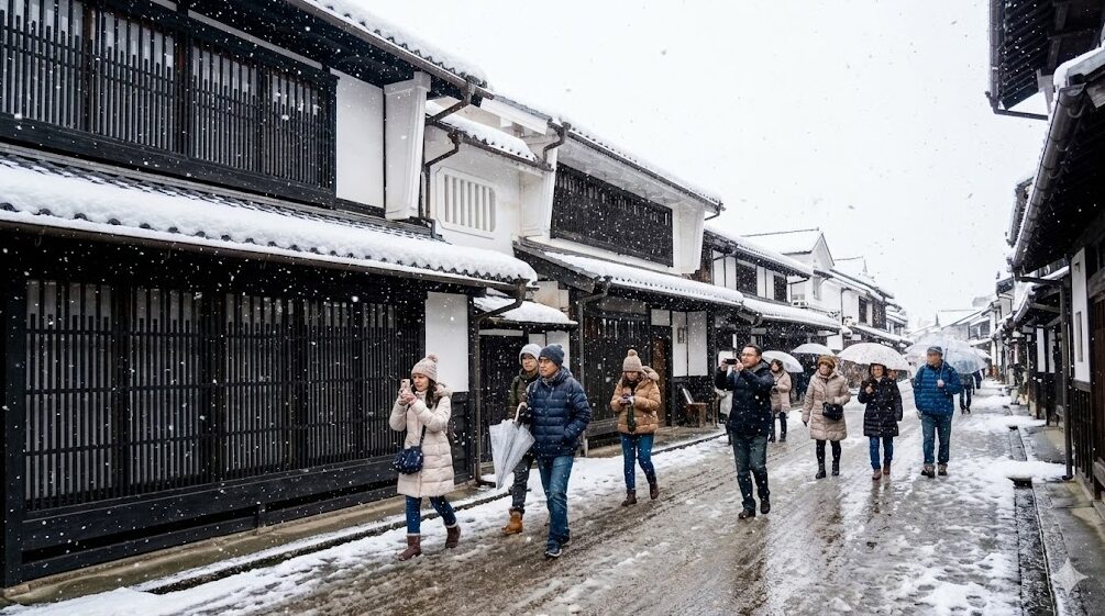 雪が降り積もる冬の夢京橋キャッスルロードの街並み。黒格子の建物と雪景色を楽しむ観光客の様子。