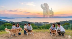 夕暮れの琵琶湖を見下ろす丘の上で、複数の家族連れと愛犬たちが楽しそうに過ごしているアイキャッチ画像。背景の空には、かつて存在した「びわ湖わんわん王国」の巨大な木造犬のオブジェが幻影のように浮かび上がり、過去の思い出と現在の楽しい時間が交錯するノスタルジックな雰囲気が表現されている。