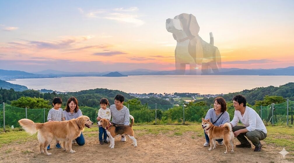 夕暮れの琵琶湖を見下ろす丘の上で、複数の家族連れと愛犬たちが楽しそうに過ごしているアイキャッチ画像。背景の空には、かつて存在した「びわ湖わんわん王国」の巨大な木造犬のオブジェが幻影のように浮かび上がり、過去の思い出と現在の楽しい時間が交錯するノスタルジックな雰囲気が表現されている。