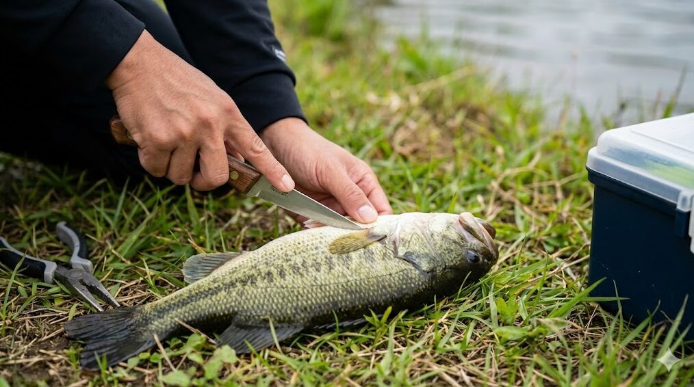 外来生物法を遵守するため、釣り人が湖岸で釣ったブラックバスをフィッシングナイフで締めている手元の様子。生体運搬禁止のルールを守るための具体的な行動。