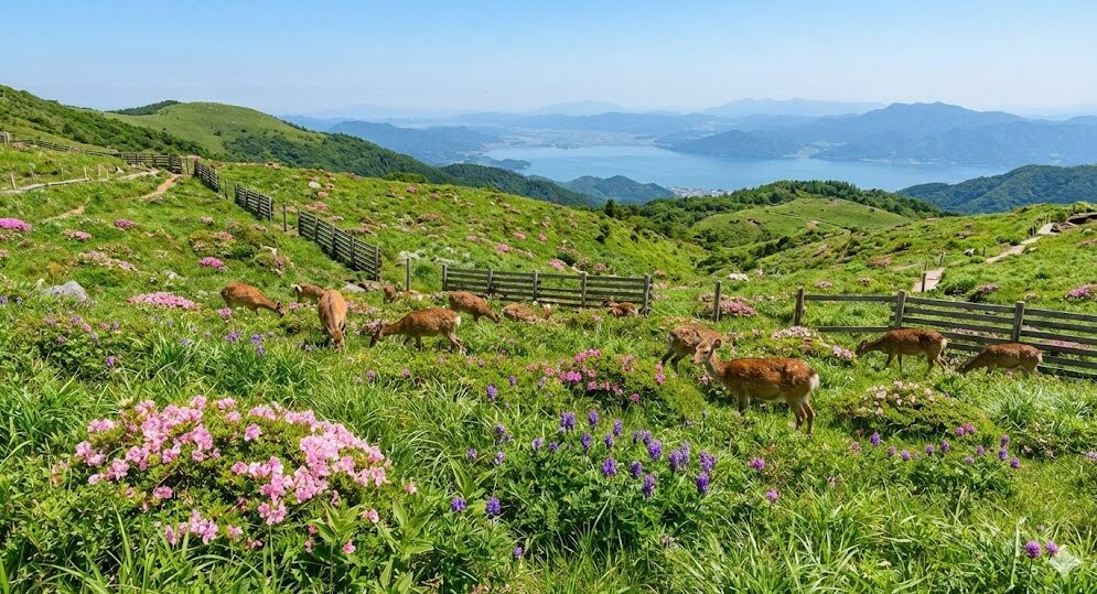 自然が復活した伊吹山で鹿と共存している様子。