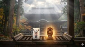 比叡山延暦寺の根本中堂を背景に、最強の厄除け「角大師」のお札と、金運・出世の「三面大黒天」の木像が神秘的な光に包まれて並ぶアイキャッチ画像。