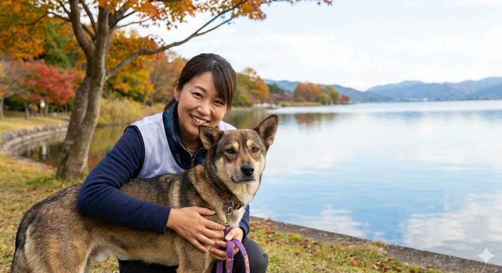 滋賀県の自然豊かな公園で、笑顔の日本人女性ボランティアが保護犬と触れ合っている様子。