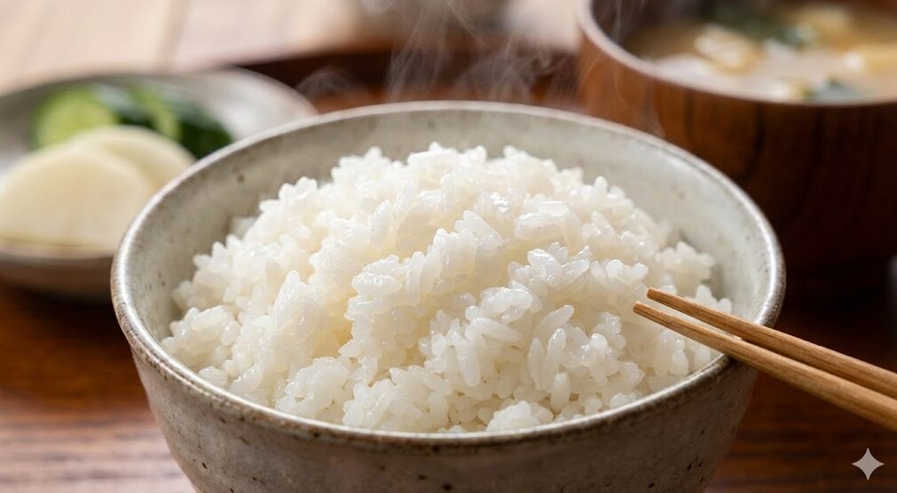 湯気が立ち上る炊き立ての滋賀県産米「みずかがみ」。粒が立ち、ツヤのある美味しそうなご飯。