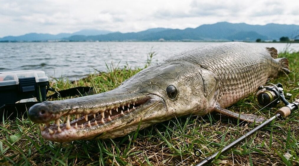 琵琶湖の岸辺で釣り上げられた巨大な外来種、アリゲーターガーのクローズアップ写真。ワニのような鋭い歯を持つ口吻と硬い鱗が特徴的で、生態系への脅威を物語る。