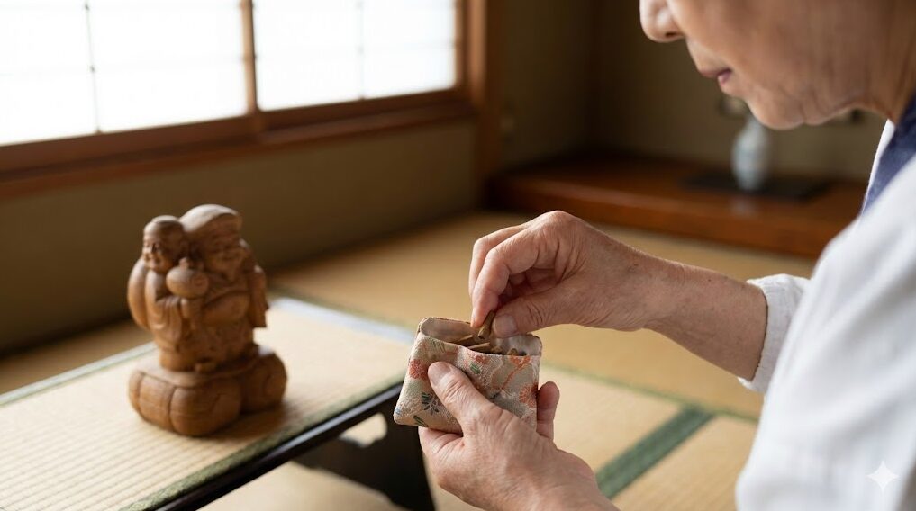 和室で、三面大黒天の像を背景に、お線香を折って小さな袋に入れている女性の手元。