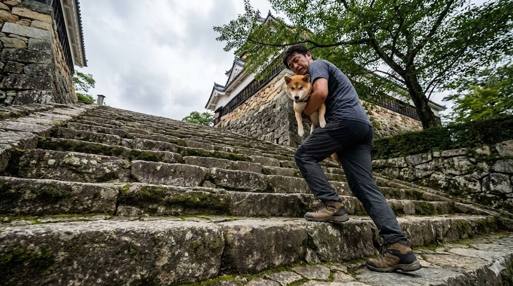 彦根城の非常に急で段差の高い石段を、小型犬を抱きかかえて大変そうに登っている飼い主の様子を下から見上げた写真。