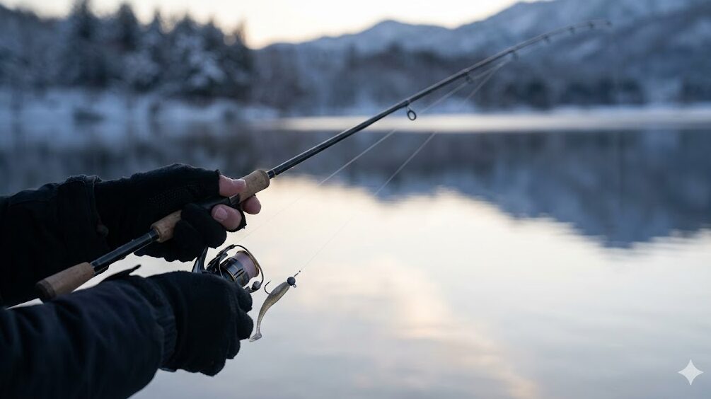 冬の穏やかな湖面を背景に、ミドストの繊細なシェイクアクションを行っている釣り人の手元のクローズアップ写真。