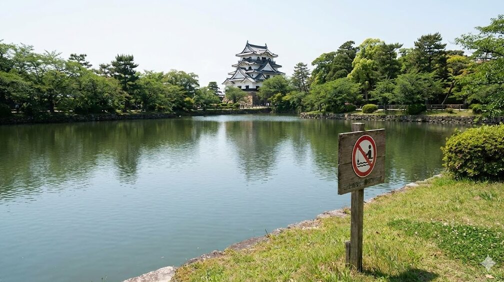 彦根城の天守閣と、釣り禁止の看板が立てられたお堀の風景