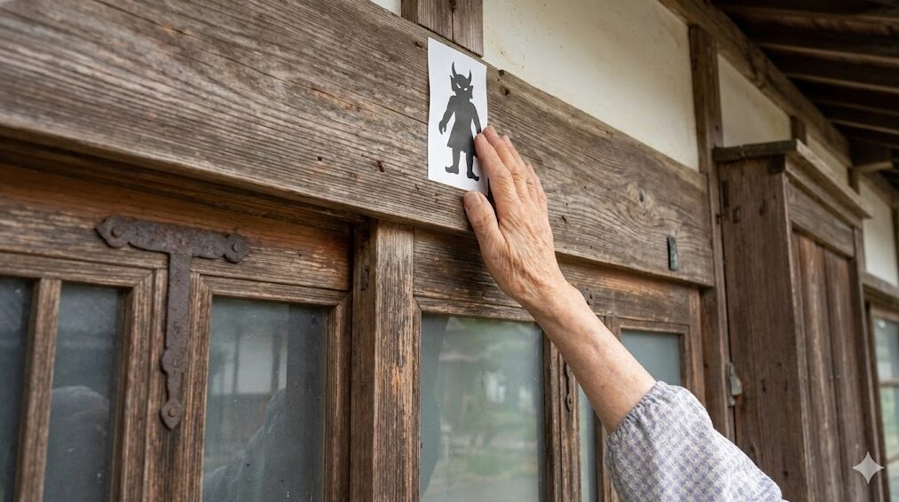日本の古い民家の玄関ドア上部に、角大師のシルエットが描かれた魔除けのお札を貼っている様子。