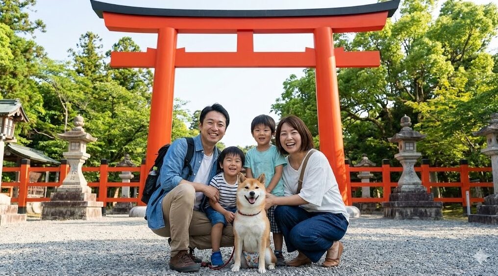 多賀大社の表参道入り口にある朱色の大鳥居の前で、マナーパンツを履いた柴犬と一緒に笑顔で記念撮影をする家族連れ。