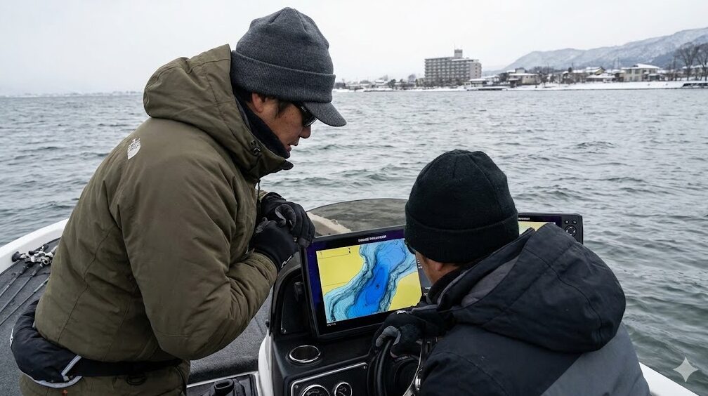 冬の琵琶湖、南湖のボート上で魚探を見ながら浚渫エリアの地形を確認する二人の釣り人。