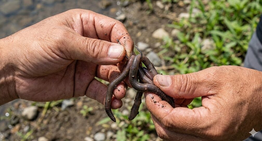 うなぎ釣りの特効薬である太いドバミミズを針に房掛けにしている釣り人の手元