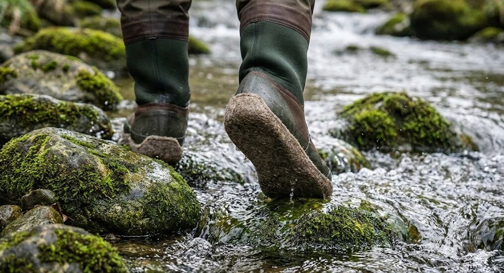 苔で滑りやすい川底の石をしっかりと踏みしめるフェルトソールウェーダーを履いた足元。