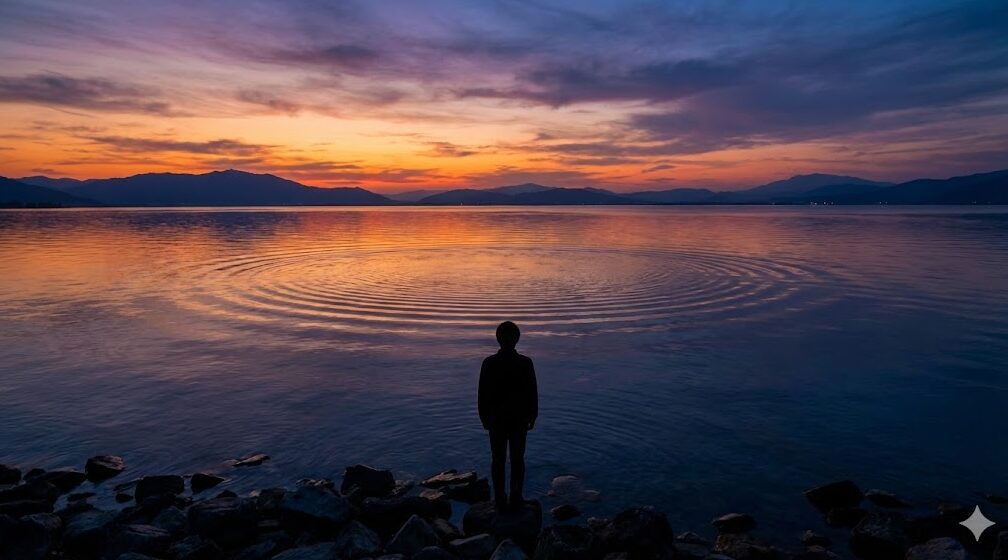 夜の琵琶湖で、巨大なビワコオオナマズが水面を割って激しく捕食する瞬間。釣り船のライトに照らされた迫力ある姿。