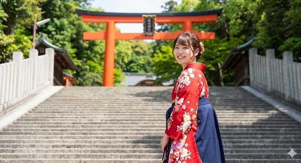 近江神宮の長い石段で、色鮮やかな袴姿の日本人女性が振り返って微笑んでいる写真。『ちはやふる』の作中シーンを彷彿とさせる聖地巡礼の様子。
