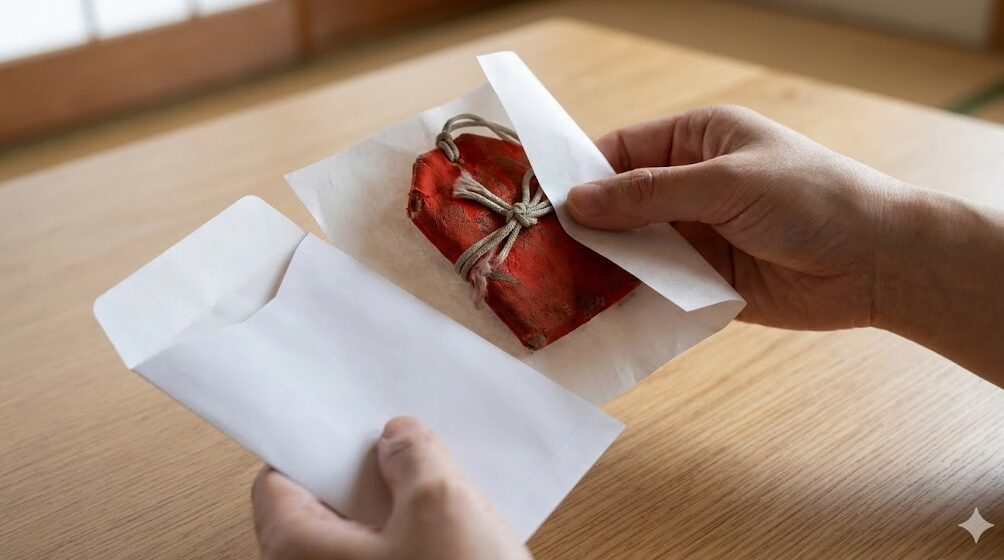 古くなった赤いお守りを白い半紙で丁寧に包み、返納用の封筒に入れようとしている手元。