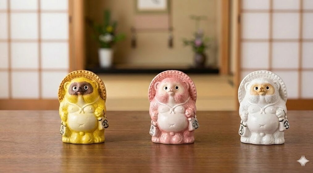 黄色（西・金運）、ピンク（東南・良縁）、白（北西・浄化）の異なる色の信楽焼たぬきが、それぞれの方位を示す羅盤と共に並んでいる様子。