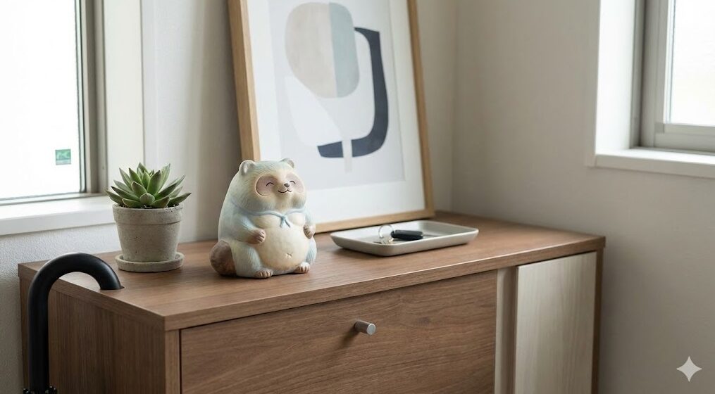 マンションの玄関の下駄箱の上に置かれた、モダンでかわいらしいデザインの小さな信楽焼たぬき。現代的なインテリアの例。