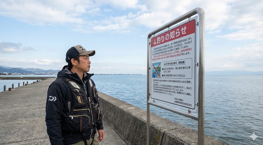 琵琶湖の湖岸にある漁港で、新しい釣り規制の看板を不安そうな表情で見つめる日本人釣り人の男性。